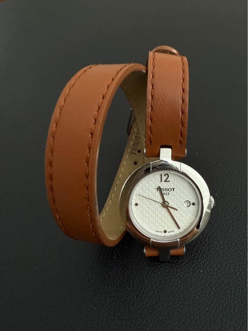 Tissot Women's Tan Double-Wrap Leather Watch with White Textured Dial